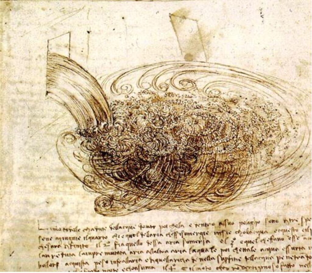 Immagine tratta dal Codex Atlantiche di Leonardo Da Vinci. Nel testo compare, per la prima volta al mondo, la parola "Turbolenza".