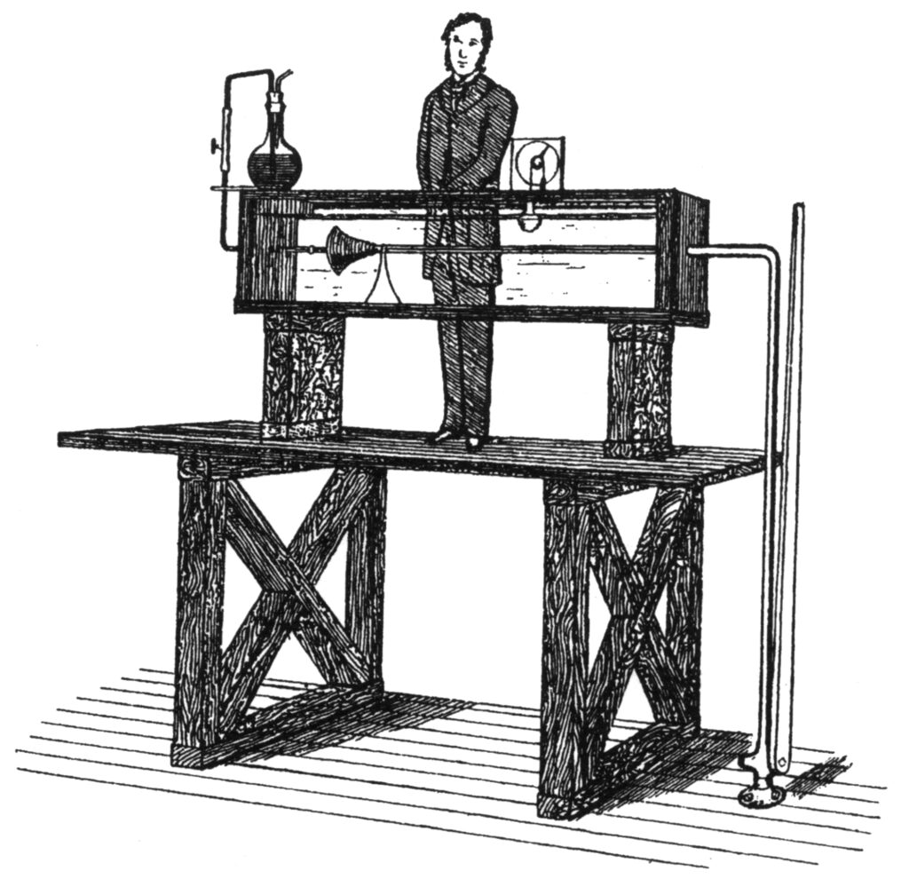 La macchina di prova con cui Osborne Reynolds studiò i regimi di moto laminare e turbolento nei fluidi (immagine di pubblico dominio, tratta dal paper originale).
